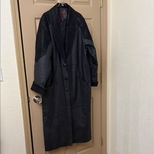 Vintage 80's 90's Black leather Women's Trench Coat L oversized